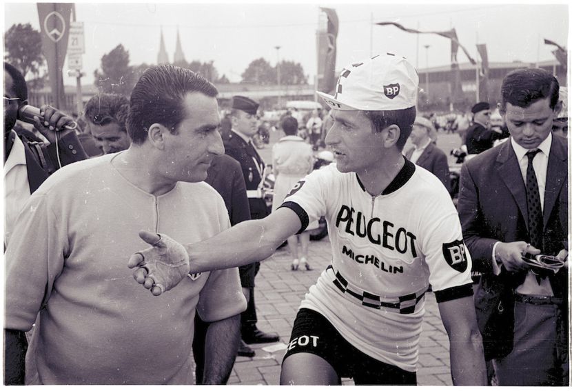 Image of Tom talking to Raphael Geminiani